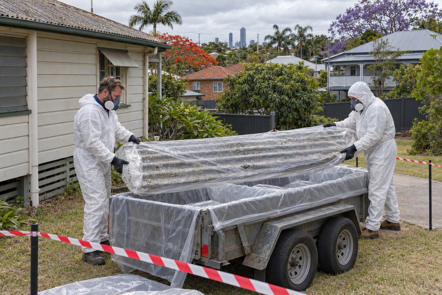 Asbestos roof replacement, Brisbane: workers in disposable coveralls and masks wrapping removed fibro roof sheets in plastic