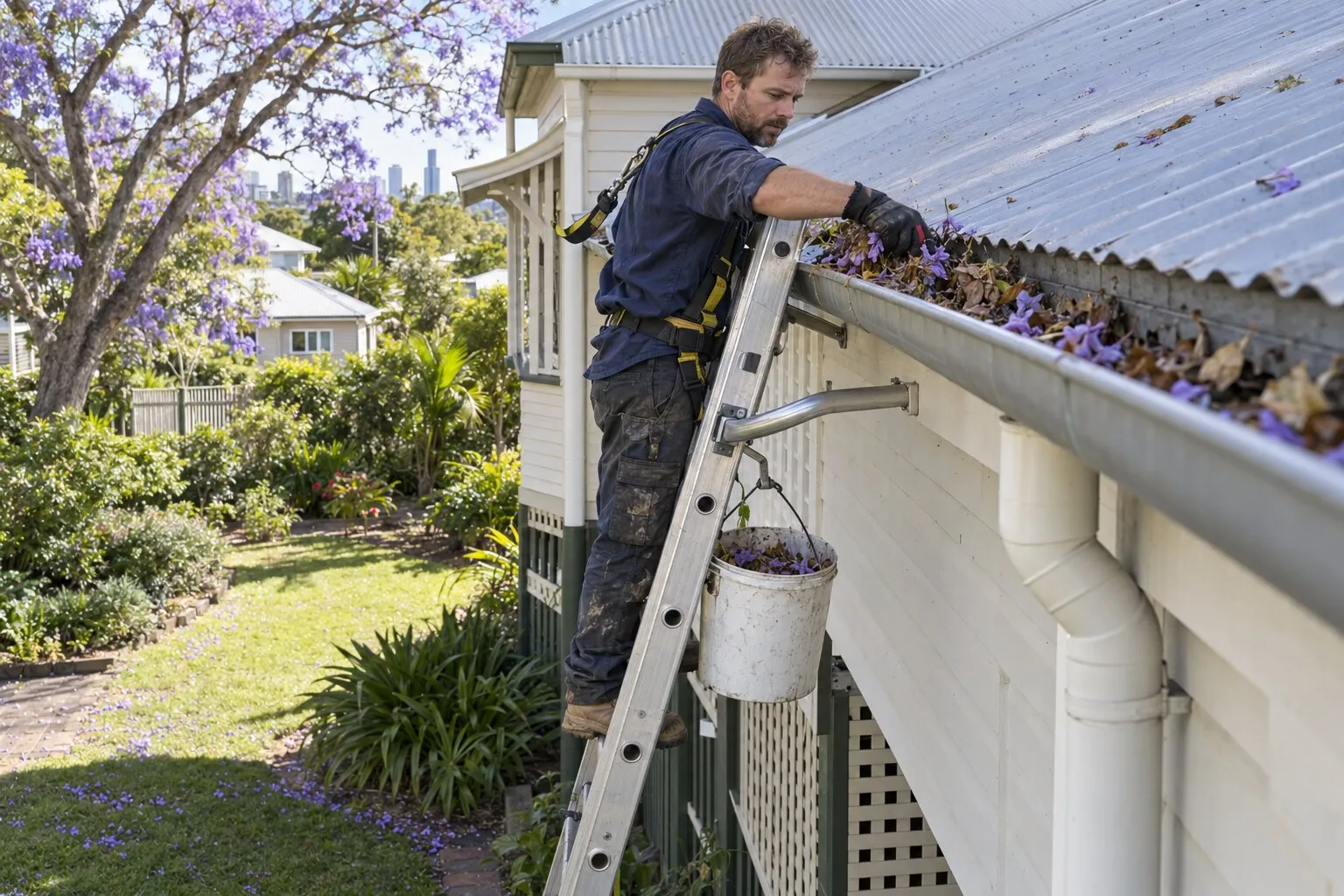 Gutter cleaning, Brisbane: leaves and jacaranda flowers scooped from a Queenslander's gutter into a bucket