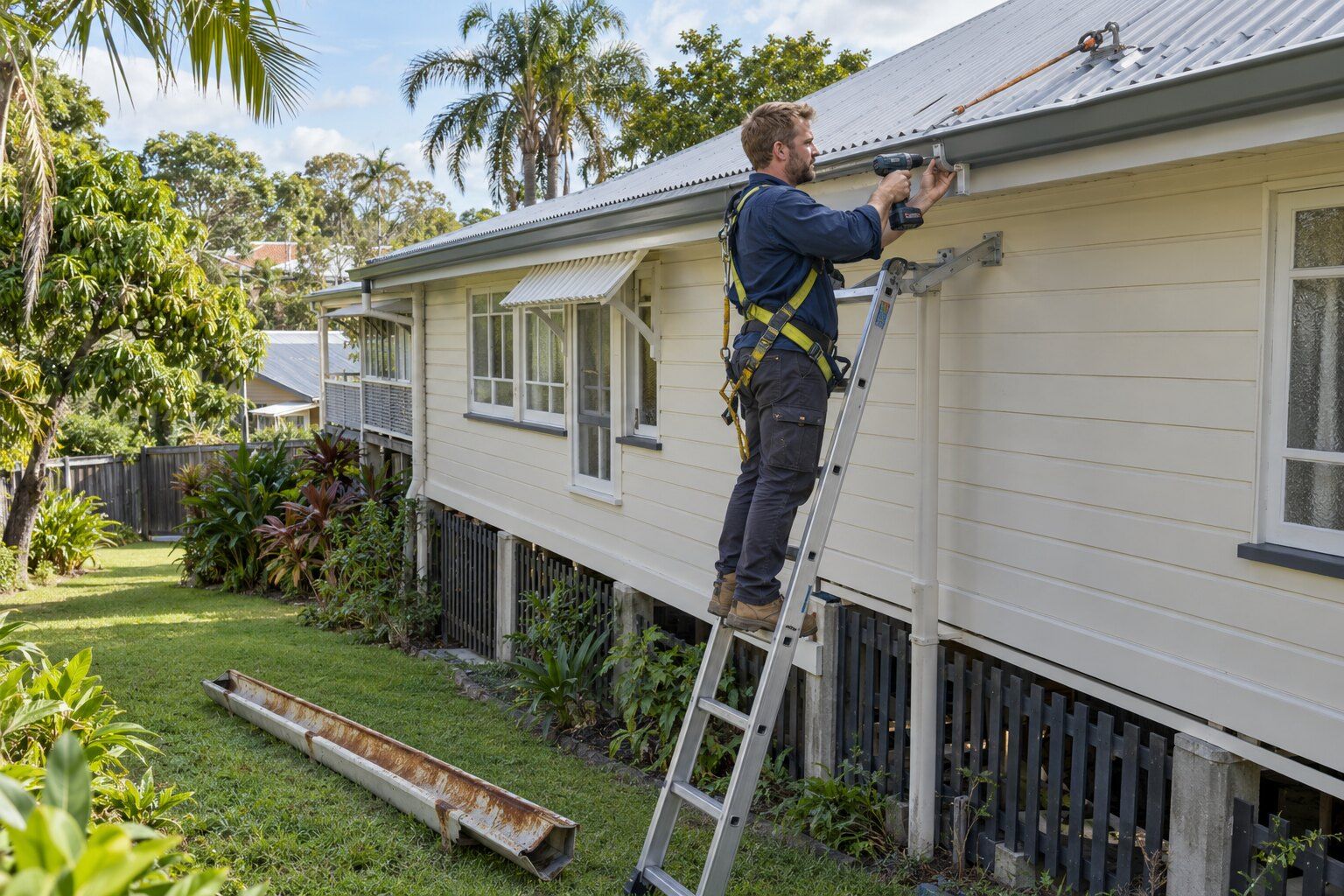 Gutter replacement, Brisbane: roofer on a ladder fixing a new Colorbond gutter to a highset Queenslander, old gutter on the lawn