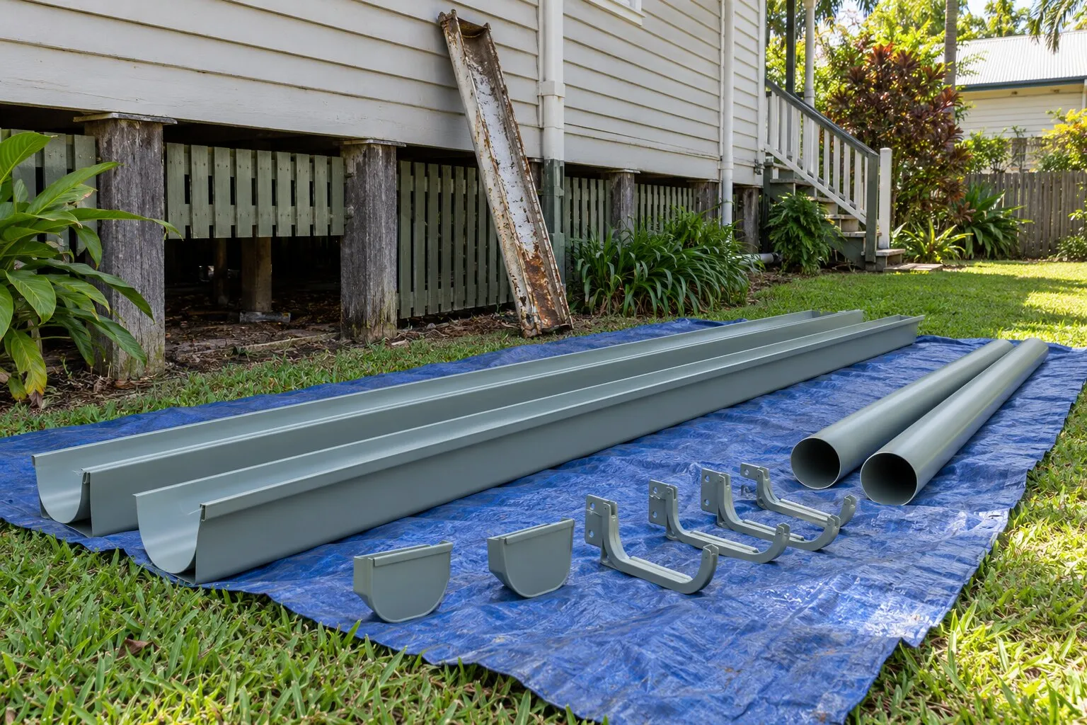Gutter replacement cost, Brisbane: new Colorbond gutters, downpipes and brackets on a tarp beside a highset Queenslander