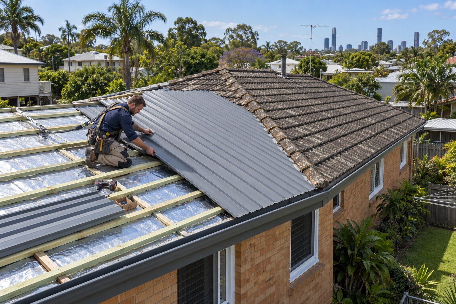 Tile to Colorbond roof, Brisbane: roofer fixing dark steel sheets where concrete tiles have been stripped from a brick house