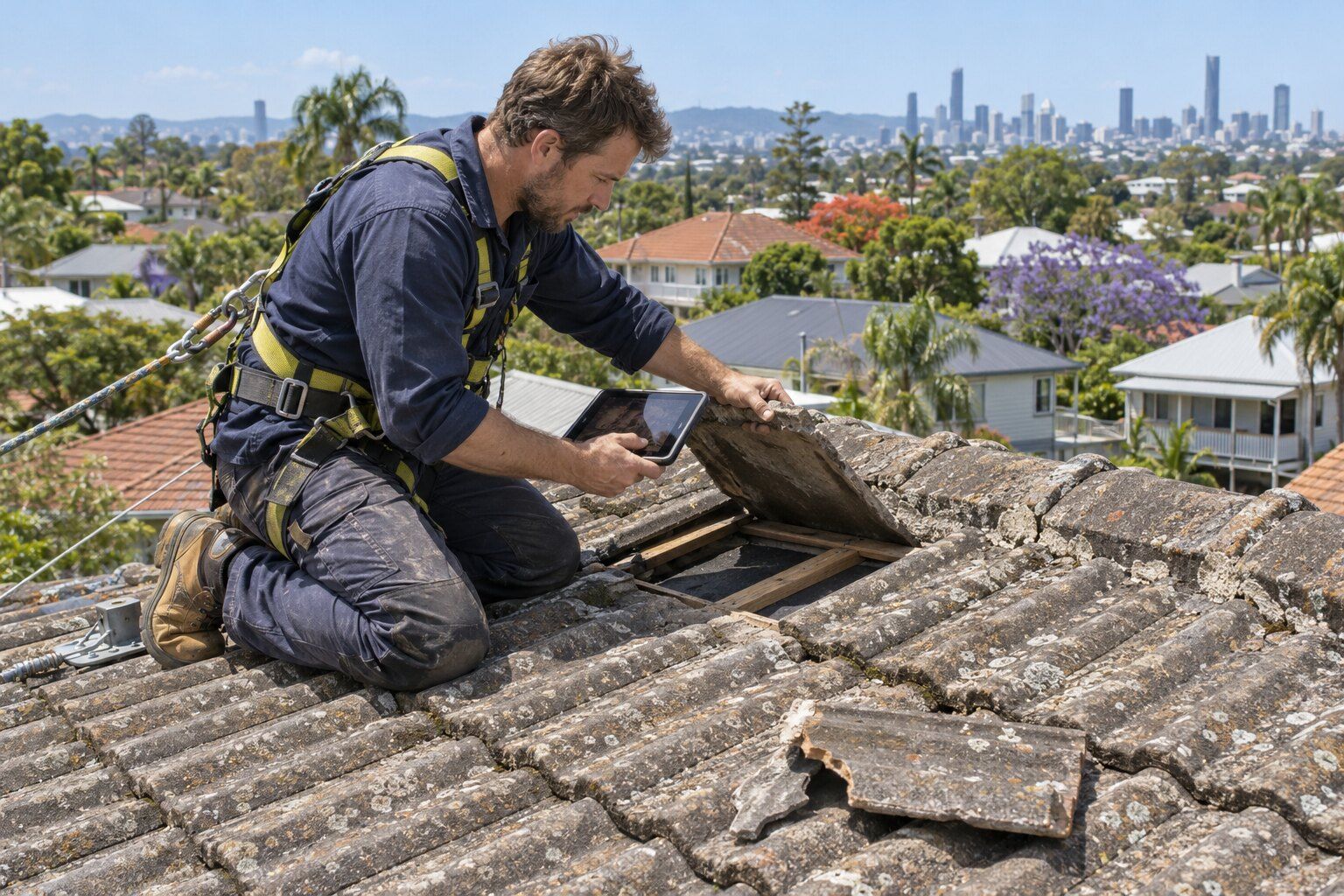 Roofing quote, Brisbane: roofer lifting a cracked concrete tile to check the battens and photographing it on a tablet