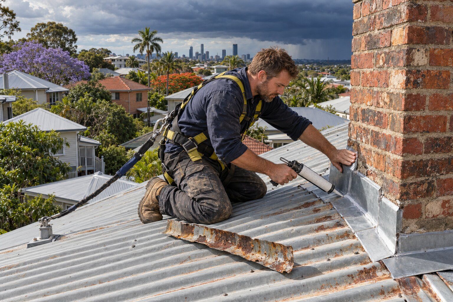 Roof leak repair, Brisbane: roofer sealing a new metal flashing against a brick chimney on a corrugated iron roof