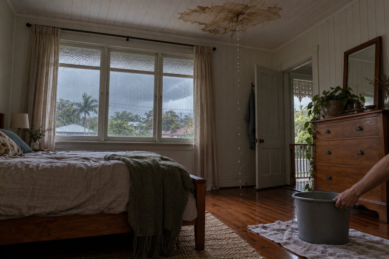 Roof leaking, Brisbane: water dripping from a stained ceiling into a bucket in a Queenslander bedroom in a storm
