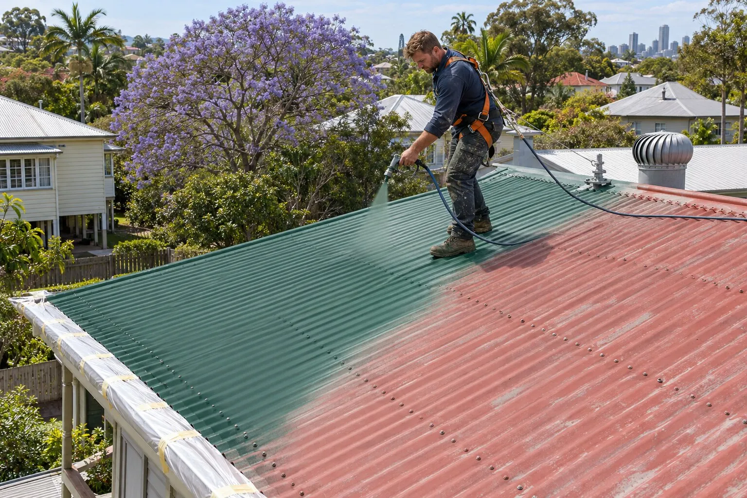 Roof painting, Brisbane: painter spraying a green topcoat over a faded red corrugated iron Queenslander roof