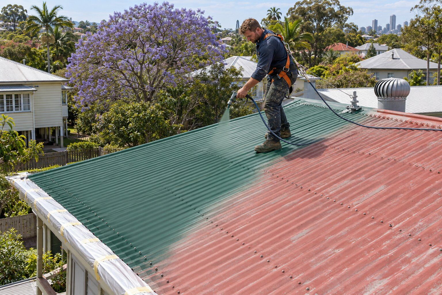 Roof painting, Brisbane: painter spraying green roof paint over faded red corrugated iron on a Queenslander