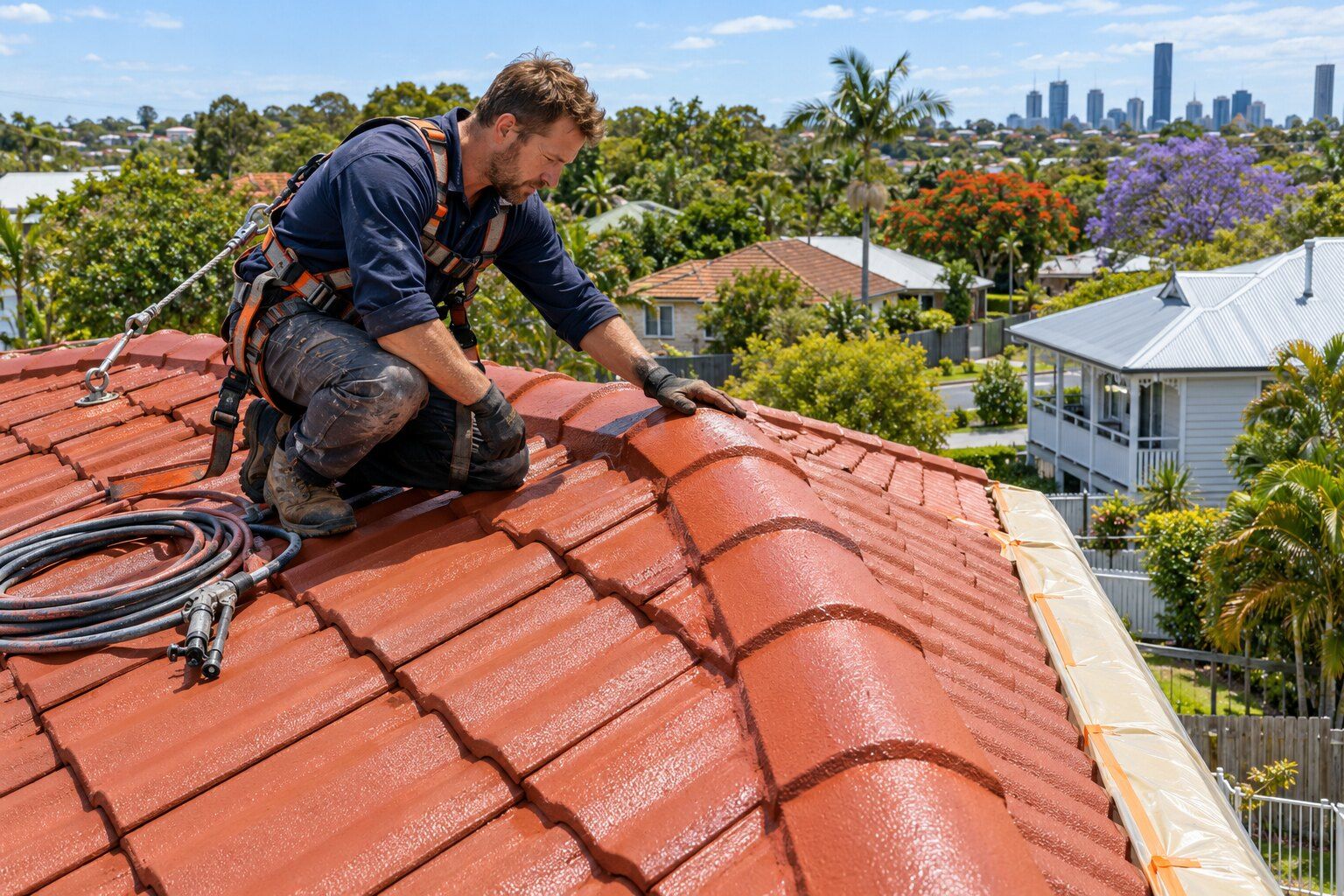 Roof painting cost, Brisbane: roofer in a harness checking a freshly coated red tile ridge, with the gutter masked