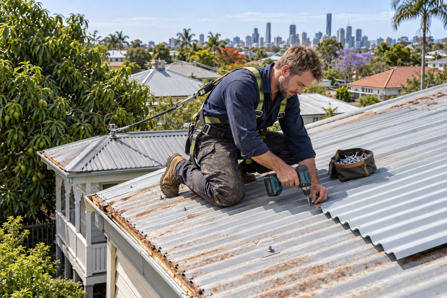 Roof repairs, Brisbane: roofer in a harness tightening a roofing screw on a weathered corrugated iron roof