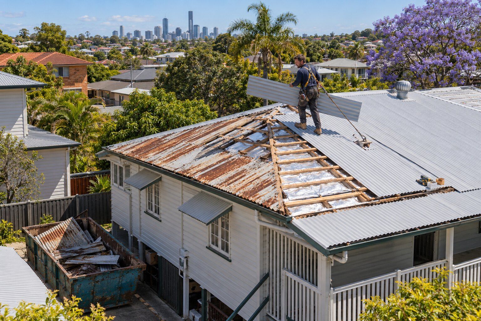 Roof replacement, Brisbane: roofer lifting a new metal sheet beside rusted corrugated iron on a weatherboard house