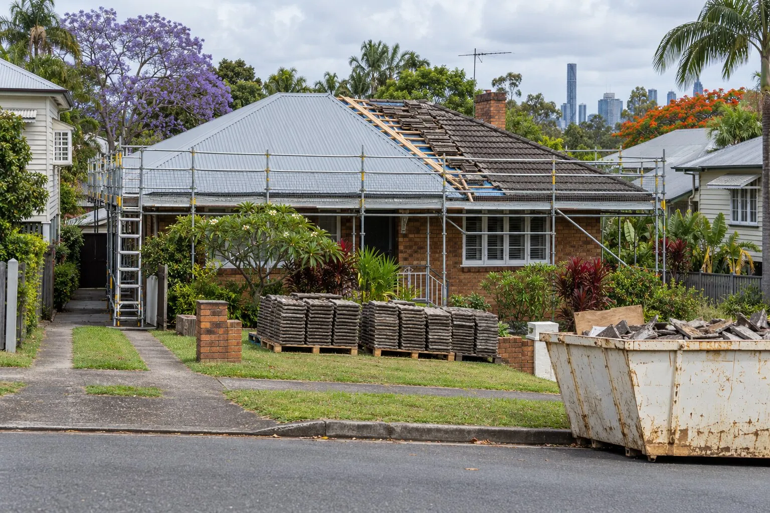 Roof replacement cost, Brisbane: brick house under scaffold, half re-roofed in Colorbond, stacked tiles and a skip out front