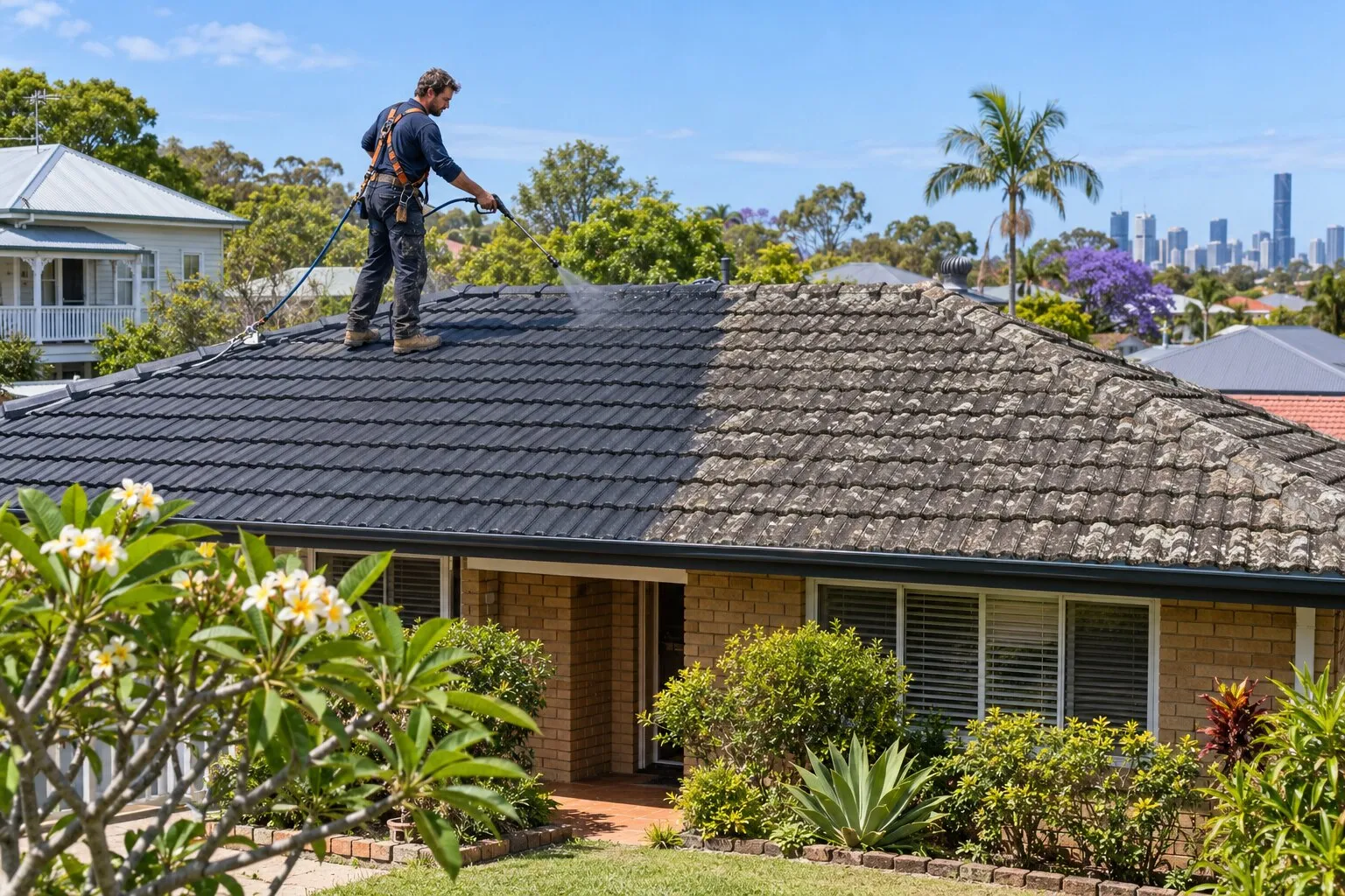 Roof restoration, Brisbane: roofer pressure-cleaning a concrete tile roof, the cleaned half dark and the rest lichen-grey