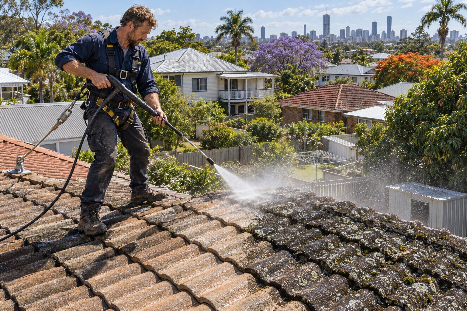 Roof restoration cost, Brisbane: roofer in a harness pressure-cleaning lichen off a concrete tile roof, jacaranda behind