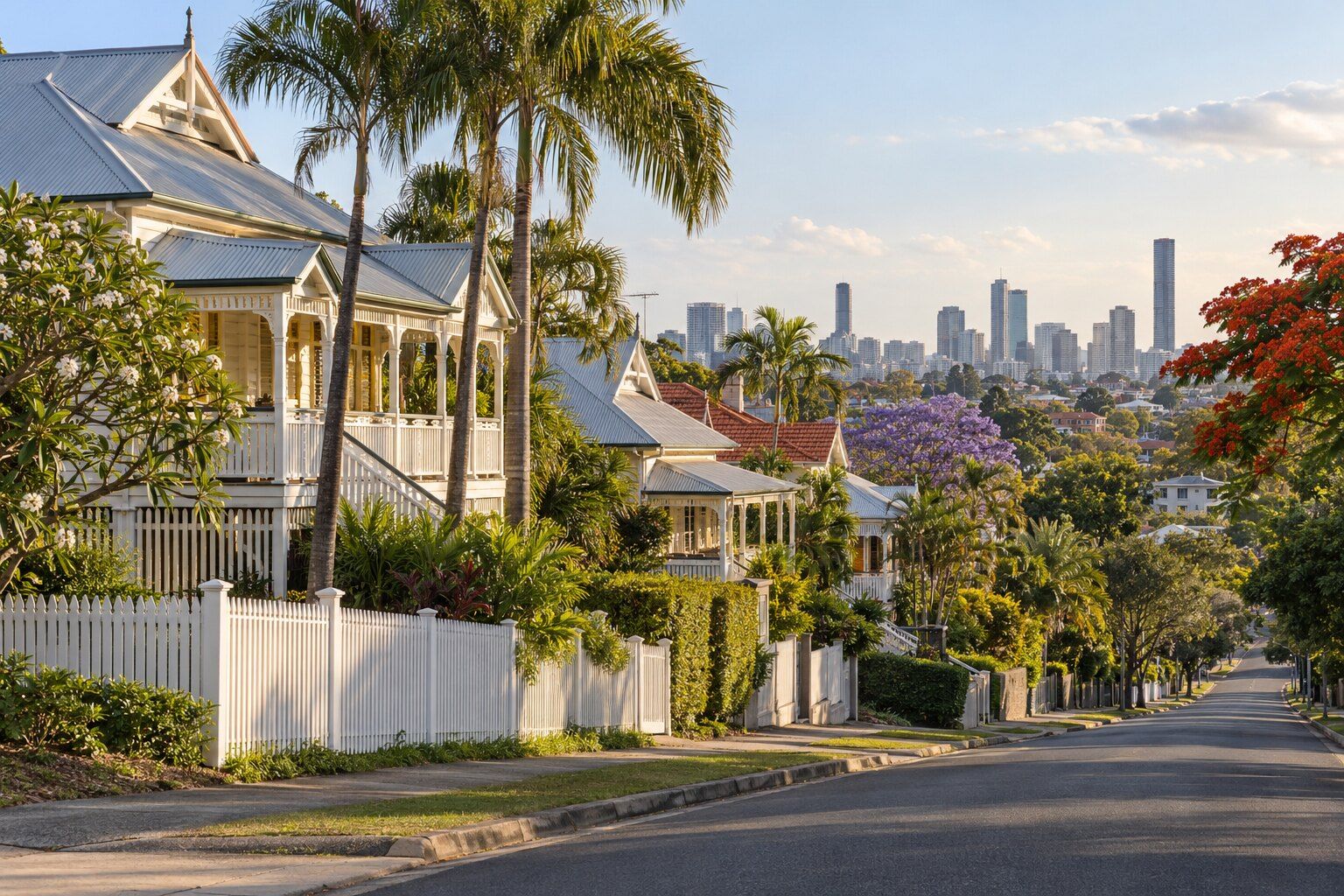 Roofing, Ascot: timber Queenslanders with corrugated iron roofs along a rising street, the city in the distance