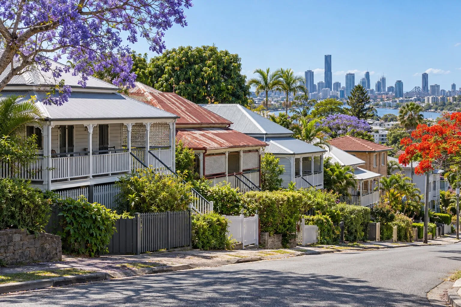Roofing, Hamilton: a Brisbane street of Queenslanders on stumps with old and new corrugated iron roofs under jacaranda