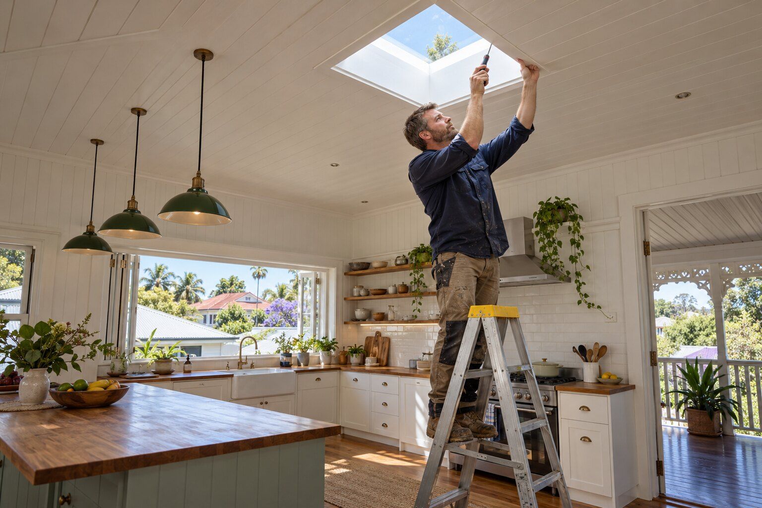 Skylight installation, Brisbane: tradesman on a stepladder fitting the trim of a square skylight in a white VJ kitchen ceiling