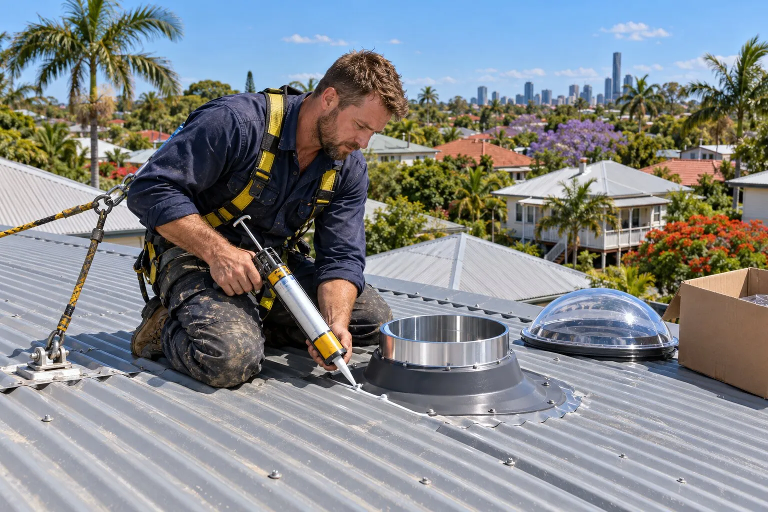 Skylight installation cost, Brisbane: roofer sealing the flashing of a tubular skylight on a corrugated roof, dome beside him