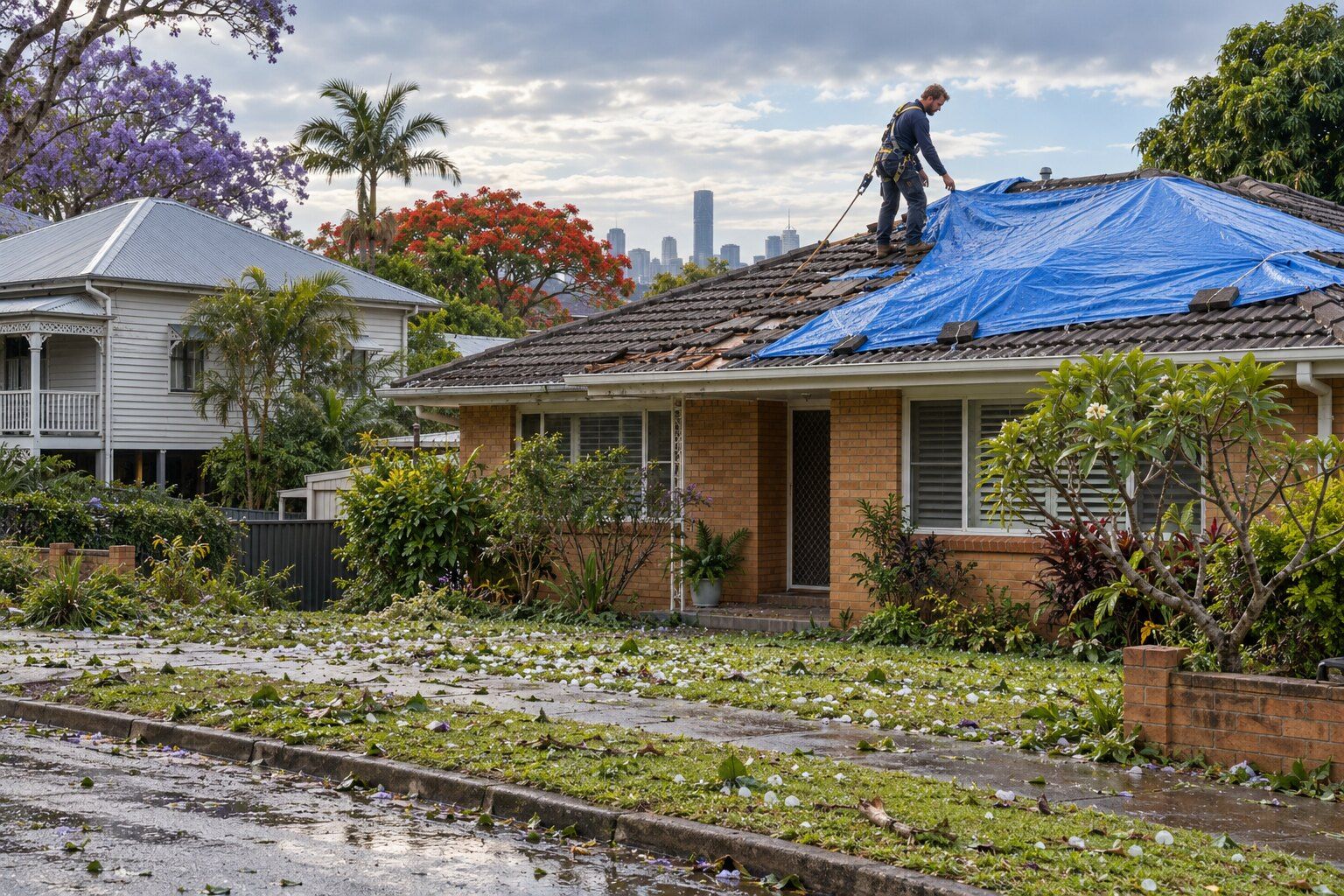 Storm damage roof repair, Brisbane: roofer in a harness spreading a blue tarp over a hail-damaged tile roof, hail on the lawn