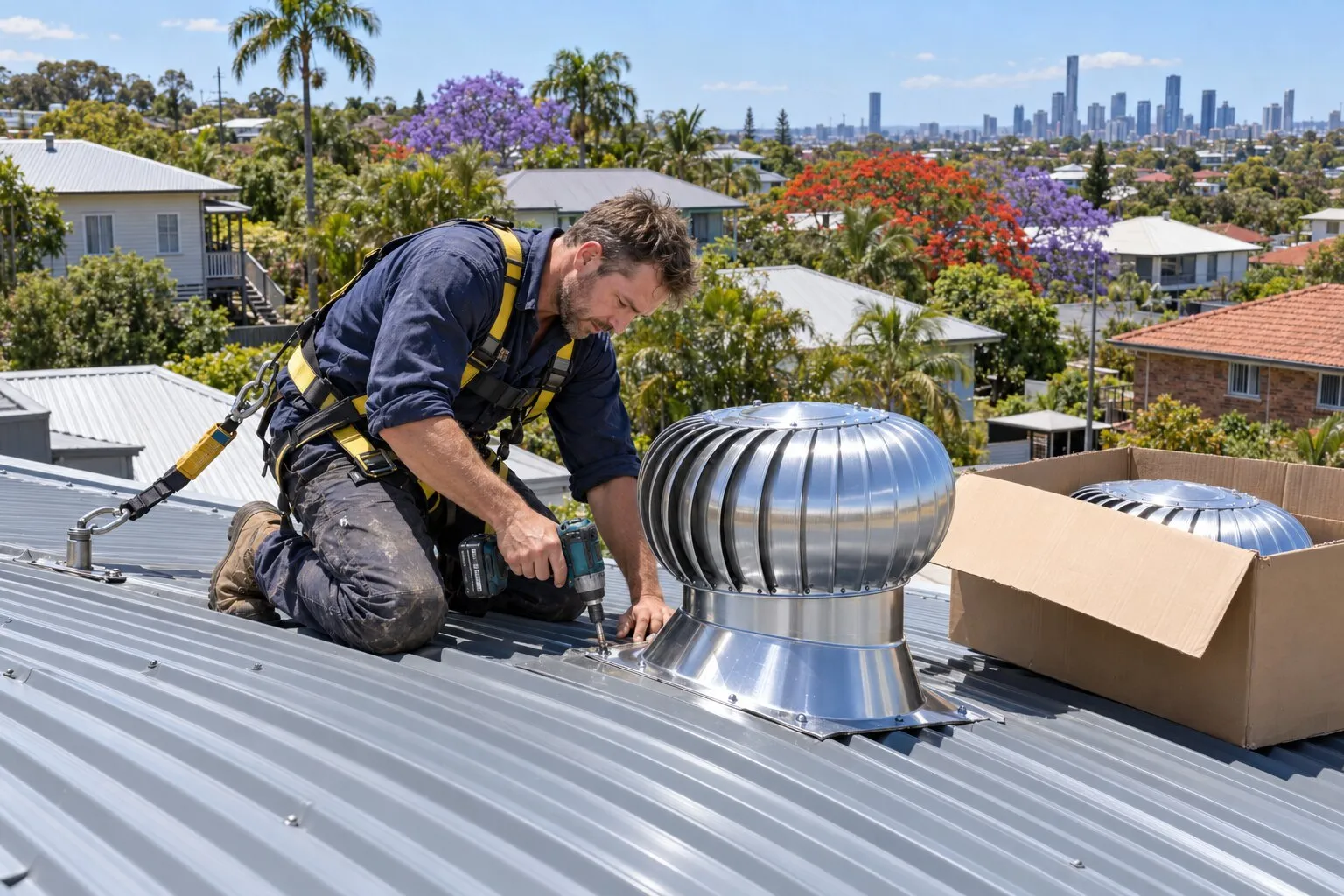 Whirlybird installation, Brisbane: new whirlybird being screwed down on a metal roof
